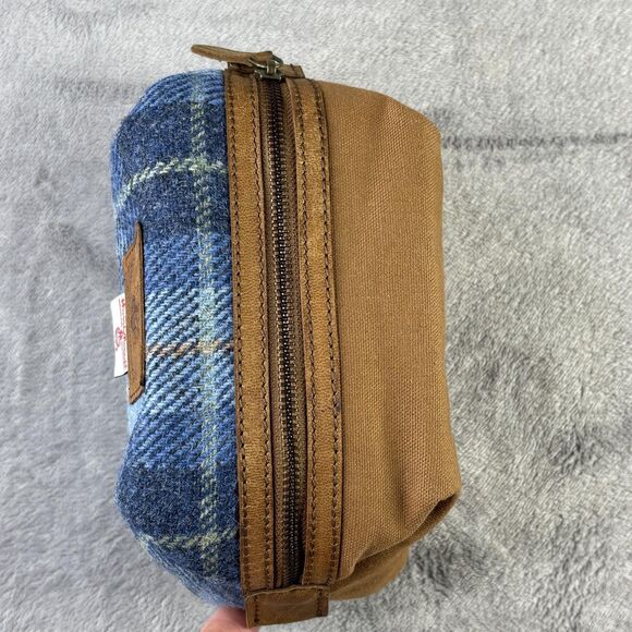 British Bag Company Harris Tweed Wash Bag Dopp Kit Travel Blue Plaid Leather 8x6 - Picture 7 of 15